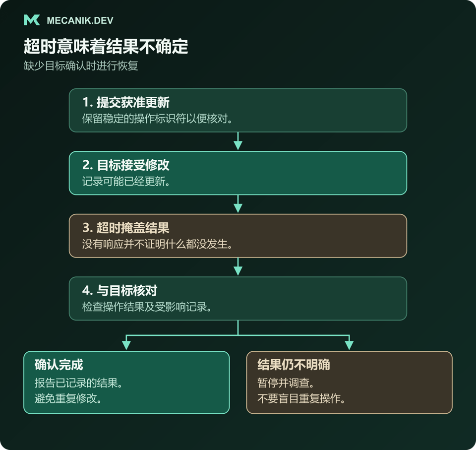 恢复流程示例：目标接受了获准更新，但响应超时。应与目标系统核对操作，报告确认完成，或在结果不明时暂停调查，而不是盲目重复修改。