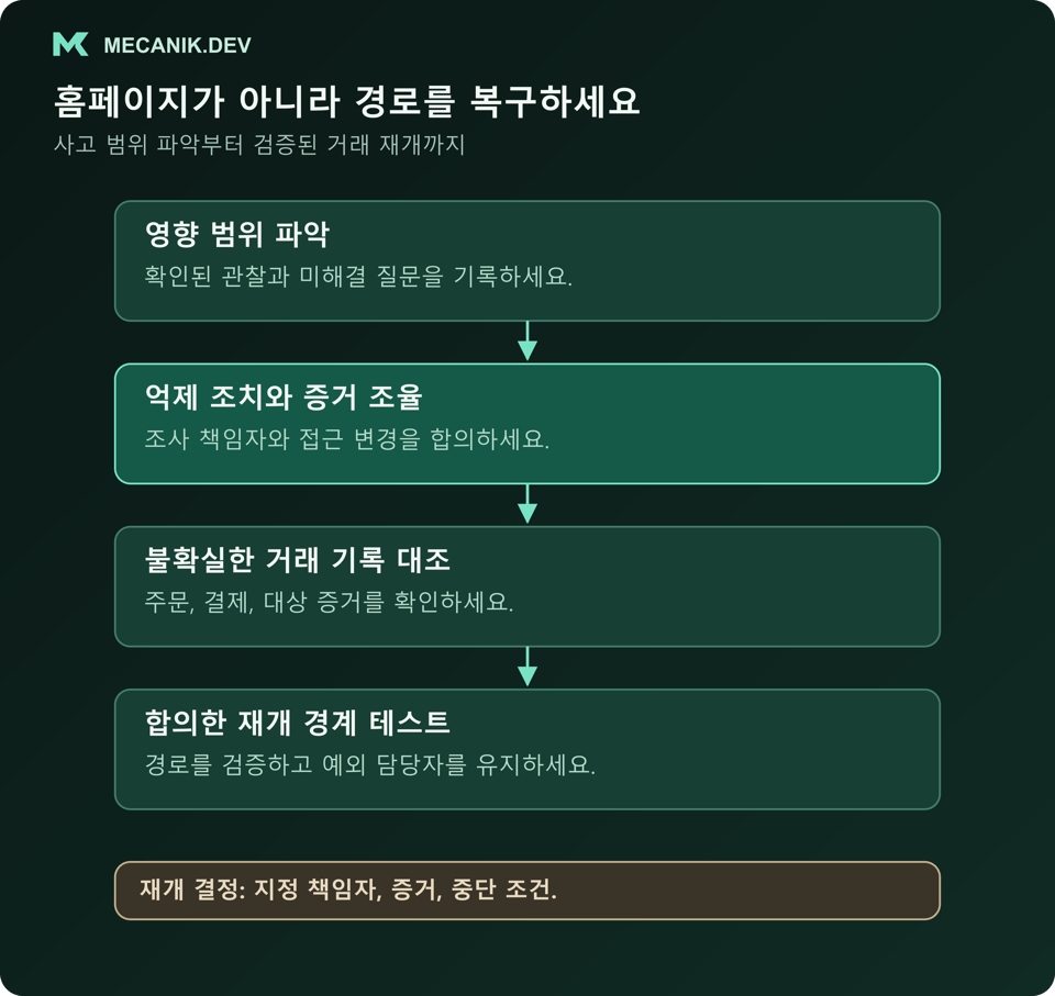 제안 복구 순서: 영향 범위 파악, 억제 조치와 증거 조율, 불확실한 거래 기록 대조, 지정된 결정 책임자와 제한 재개 테스트.