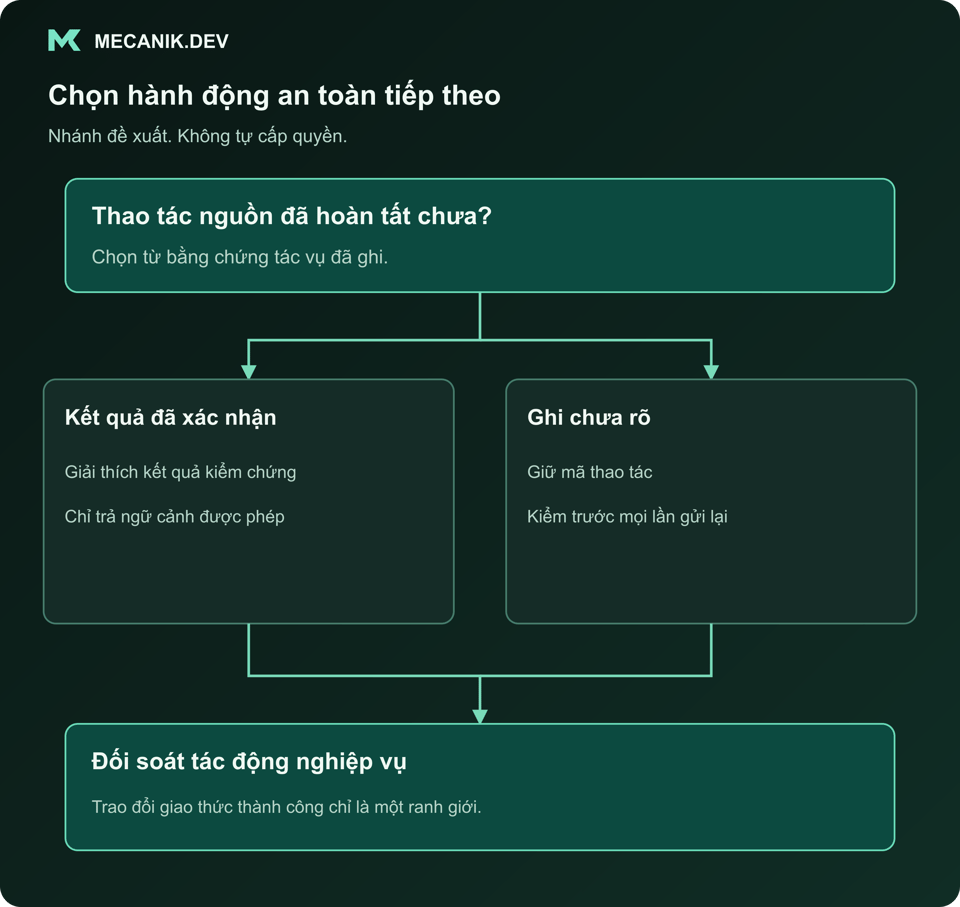 Quyết định đề xuất: thao tác nguồn đã xong chưa? Kết quả xác nhận hoặc ghi chưa rõ. Đối soát tác động nghiệp vụ.