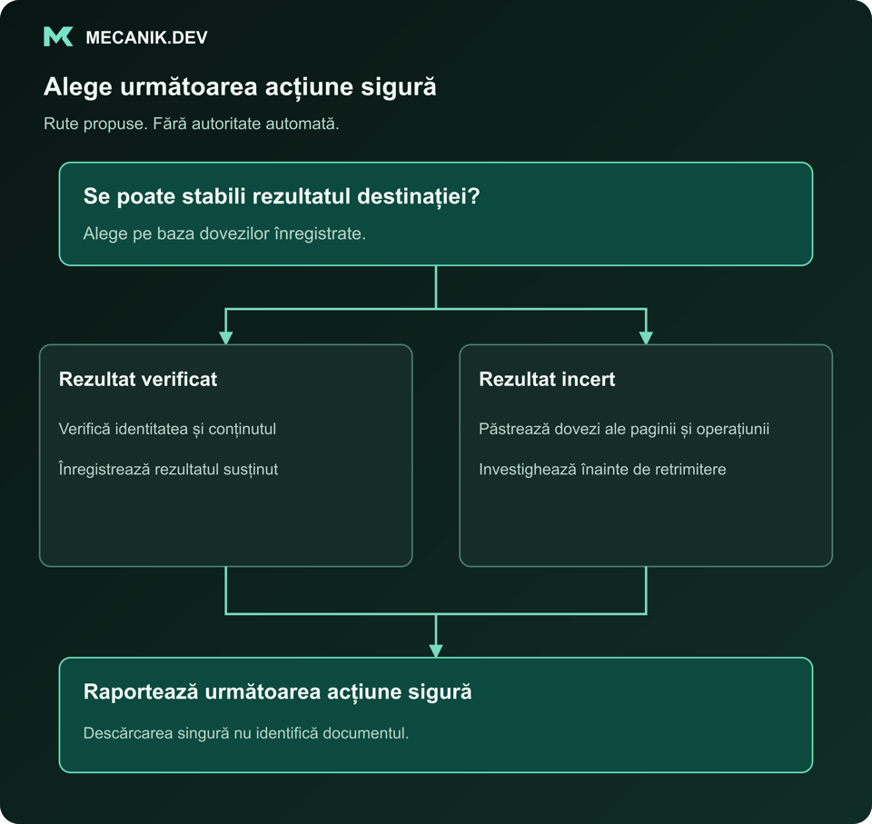 Decizie propusă: poate fi stabilit rezultatul destinației? Verificat sau incert. Raportează următoarea acțiune sigură.